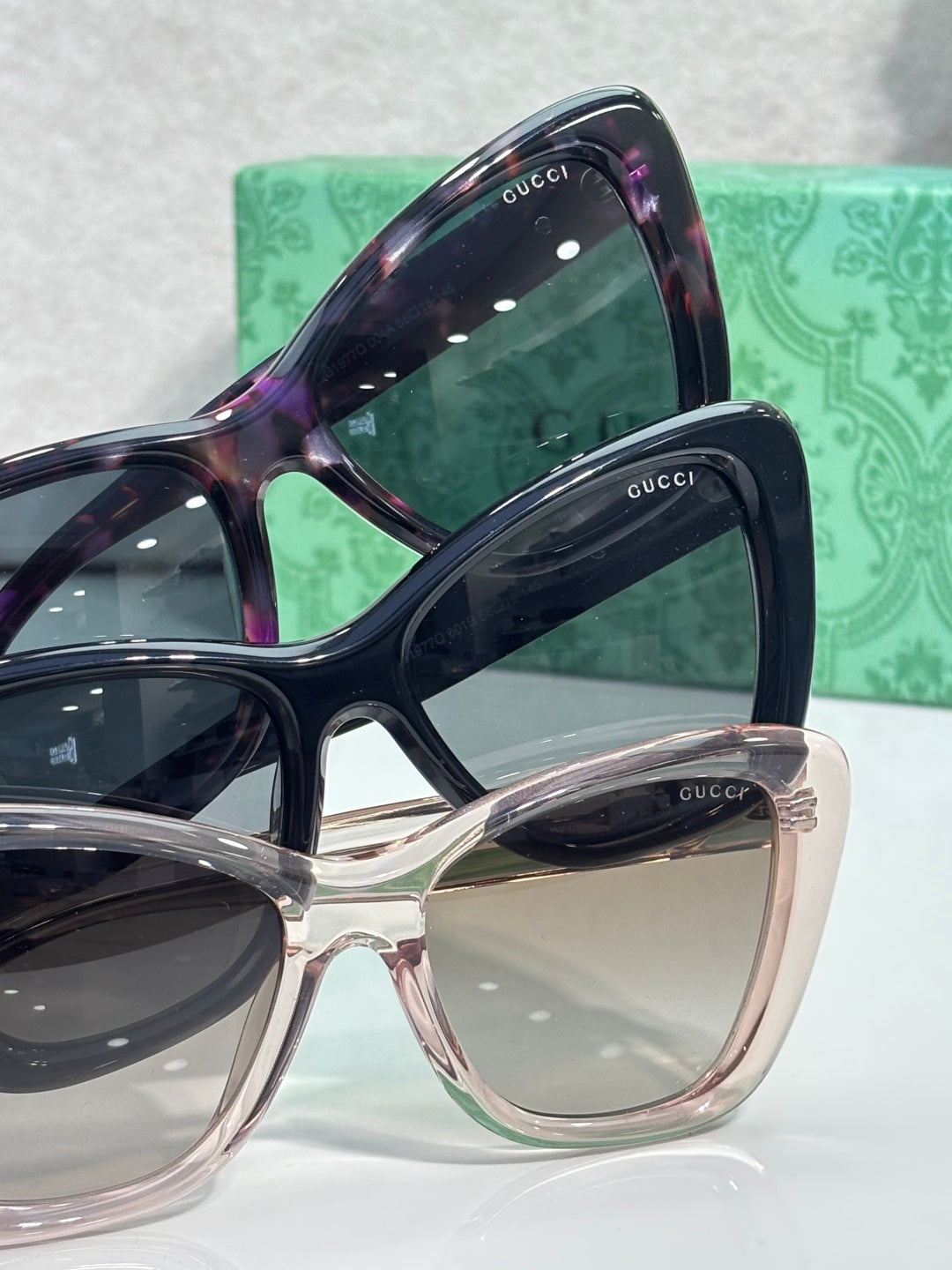 Designer eyeglasses close-up with purple and clear frames