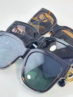 Sunglasses set with blue-tinted lenses, dark frames, and gold logo accents on temples