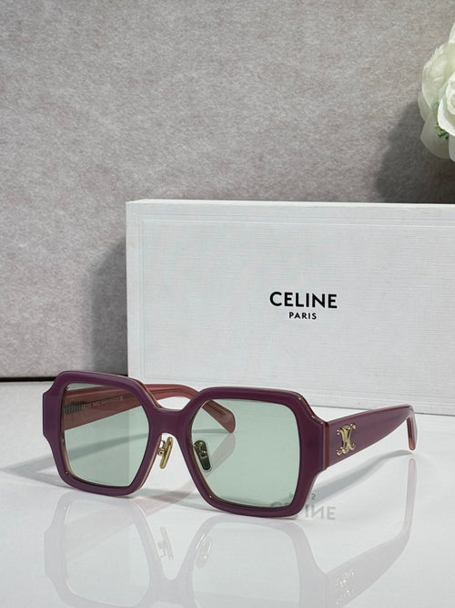 Maroon rectangular sunglasses with light green-tinted lenses and gold logo on the temple