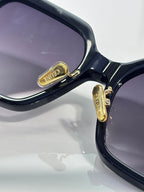 Close-up of navy sunglasses frame with gold logo plaque on the temple