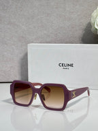 Burgundy rectangular sunglasses with gradient lenses and gold logo on the temple