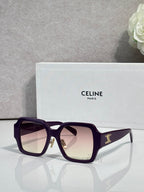 Purple rectangular sunglasses with pale gradient lenses and gold logo on the temple