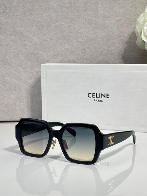 Black rectangular sunglasses with dark lenses and gold logo on the temple