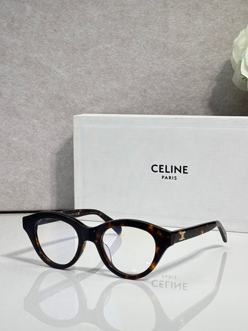 Celine round eyeglasses with dark acetate frames, angled front view, logo temples