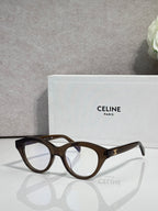 Celine round eyeglasses with tortoise acetate frames and gold-tone logo on temple