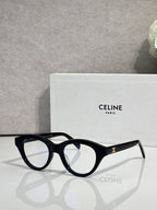 Celine round eyeglasses with dark acetate frames and brand logo on temples
