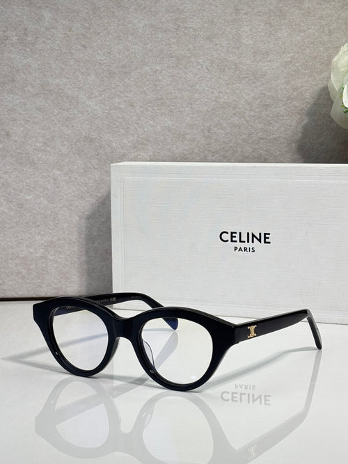 Celine round eyeglasses with dark acetate frames and brand logo on temples