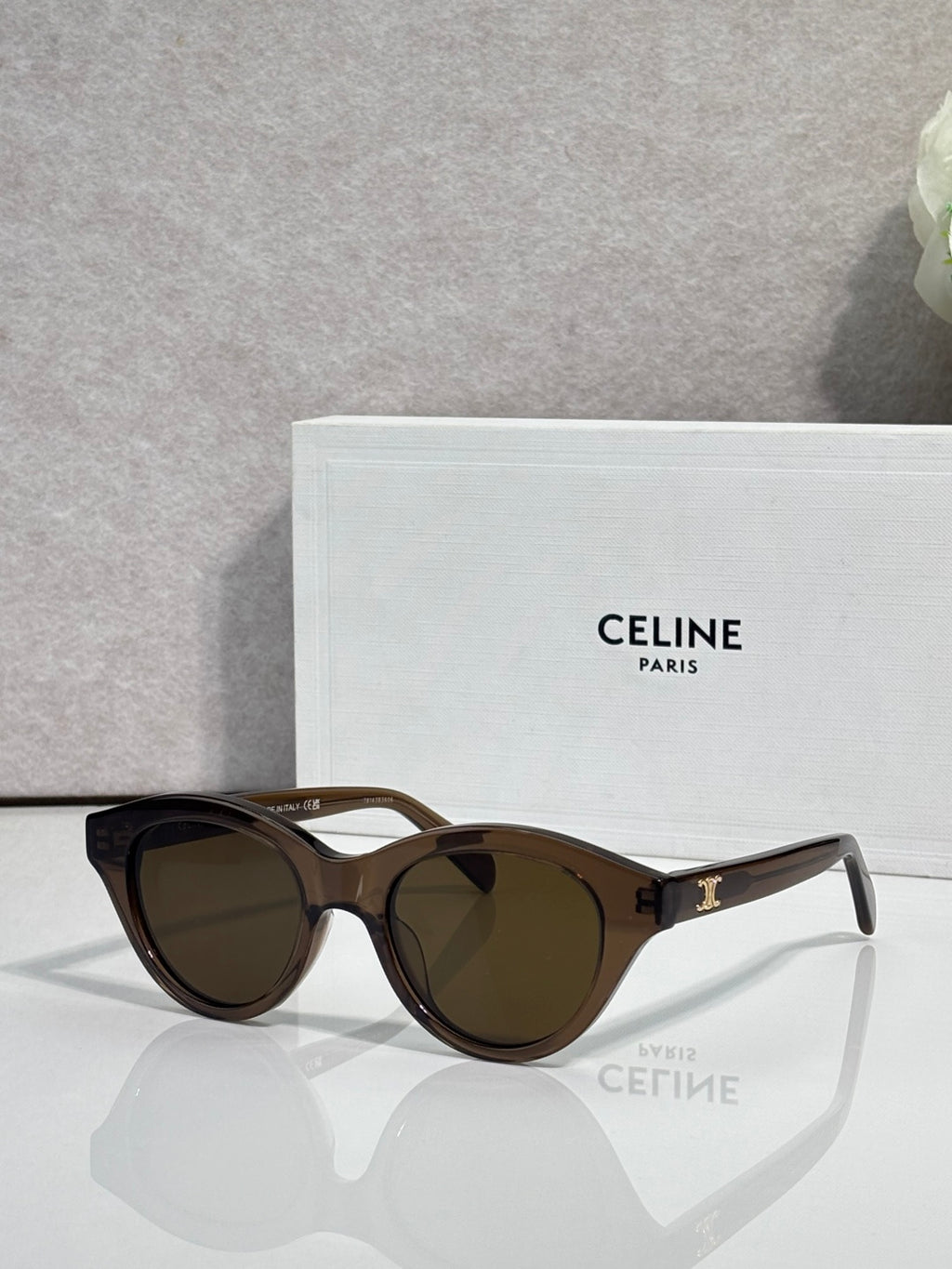 Celine sunglasses with black oval frames and dark-tinted lenses