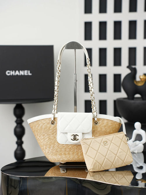 Chanel two-tone tote bag with raffia body, white top handles, and quilted pouch