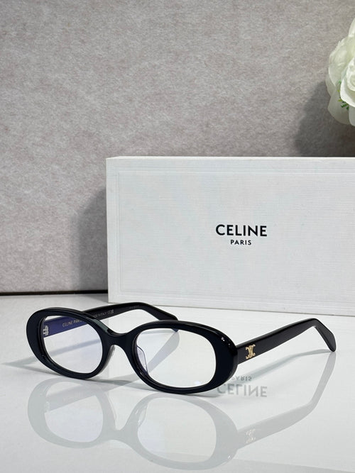 Celine glasses with black frame and blue-tinted lenses, gold logo on temple