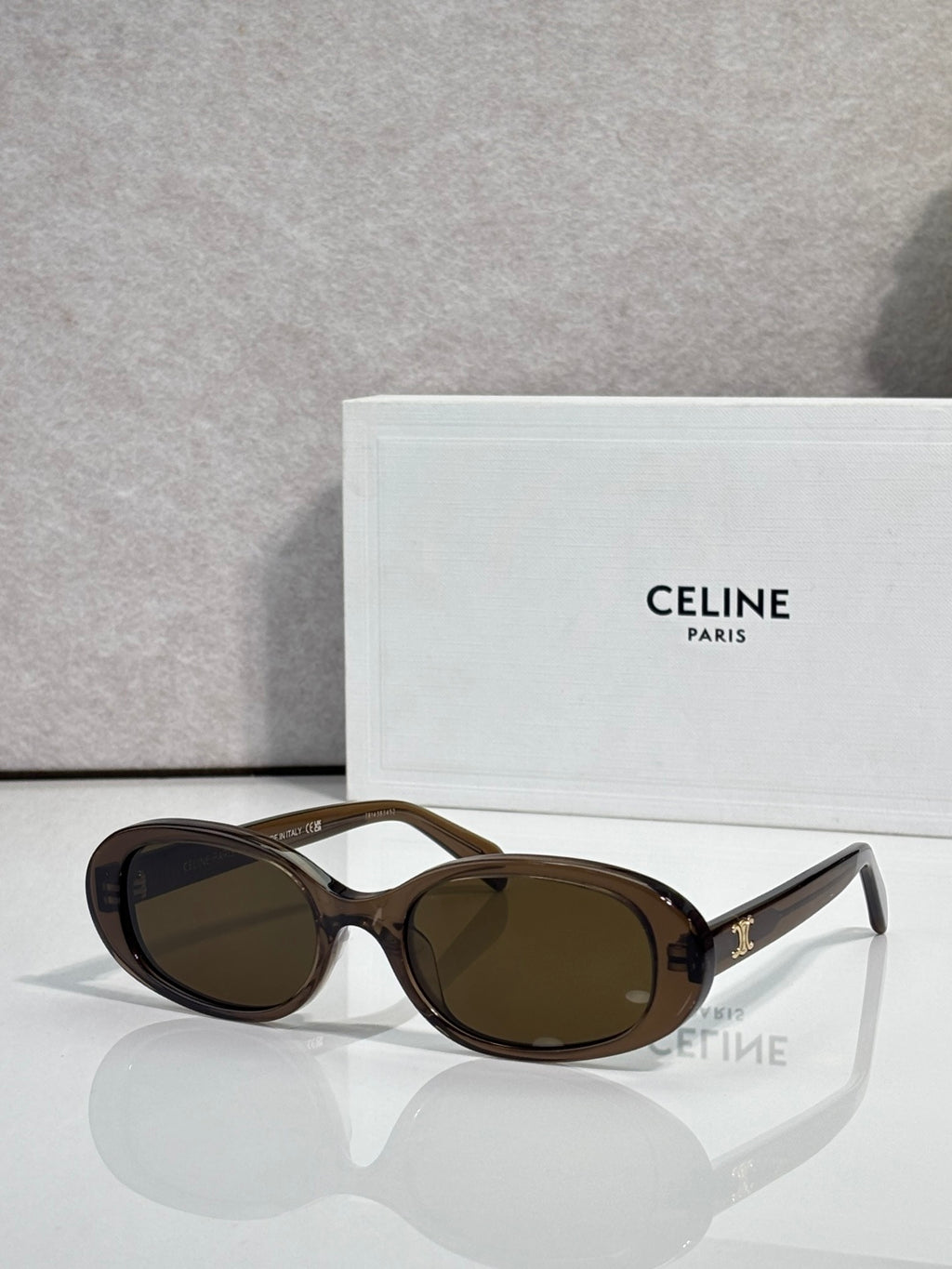 Celine sunglasses with tortoiseshell frame and dark brown oval lenses