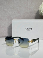 Square sunglasses with black frame and blue-green gradient lenses, gold logo hardware