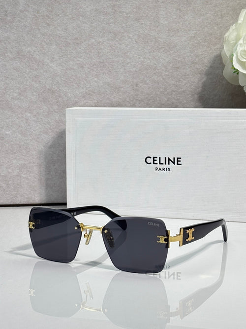 Square sunglasses with black frame and dark blue gradient lenses, gold logo hardware