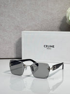 Square sunglasses with black frame and gray gradient lenses, silver logo hardware