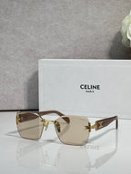 Square sunglasses with brown frame and tan gradient lenses, gold logo hardware