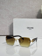 Square sunglasses with black frame and olive gradient lenses, gold logo hardware