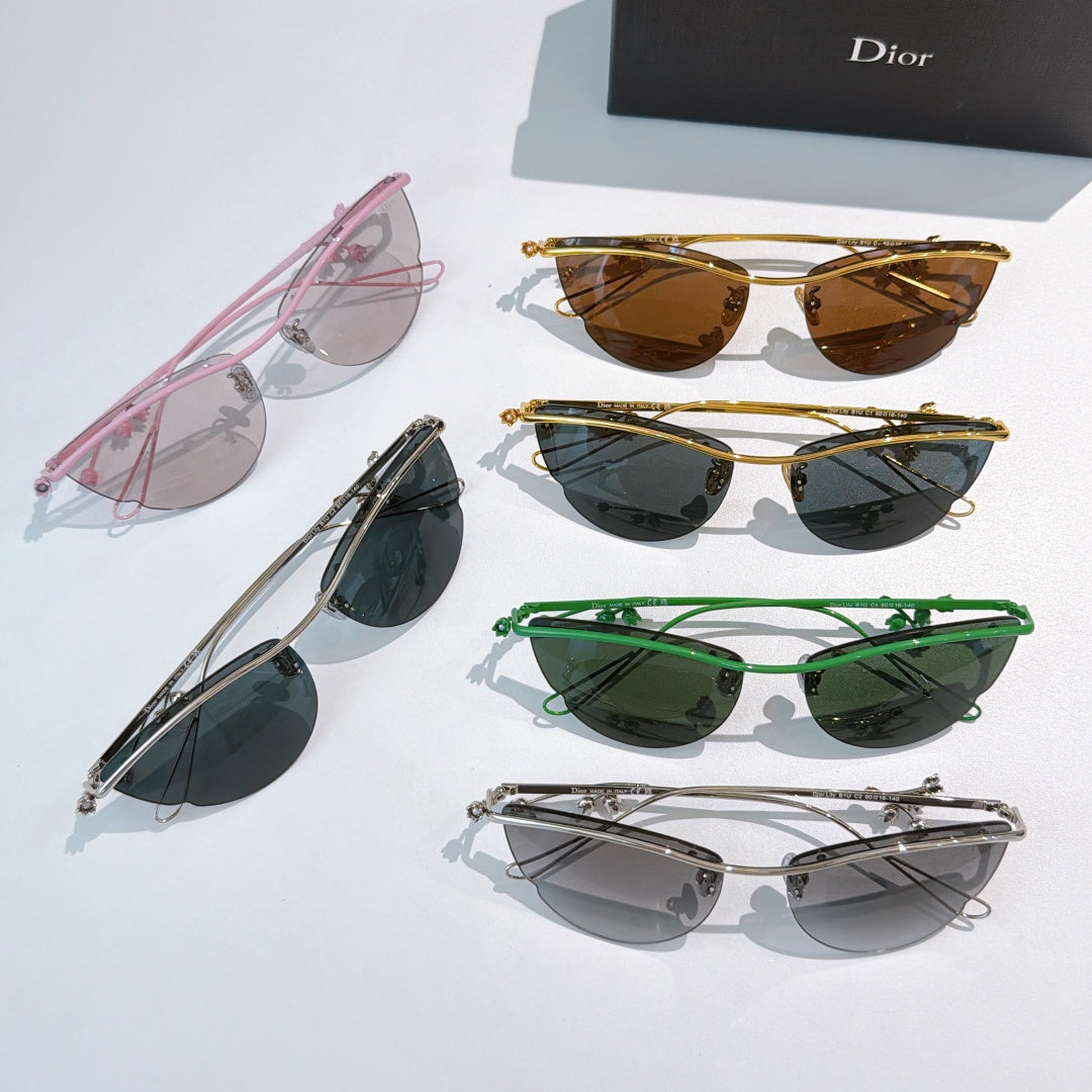 Assorted Dior sunglasses with pink, gold, green, black, and silver frames and tinted lenses