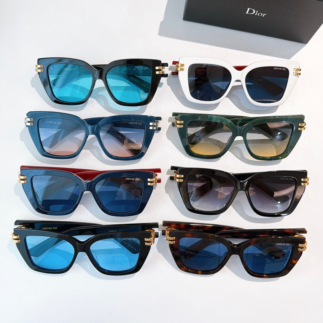 Dior sunglasses assortment with mixed frames and tinted lenses, gold metal hinges.