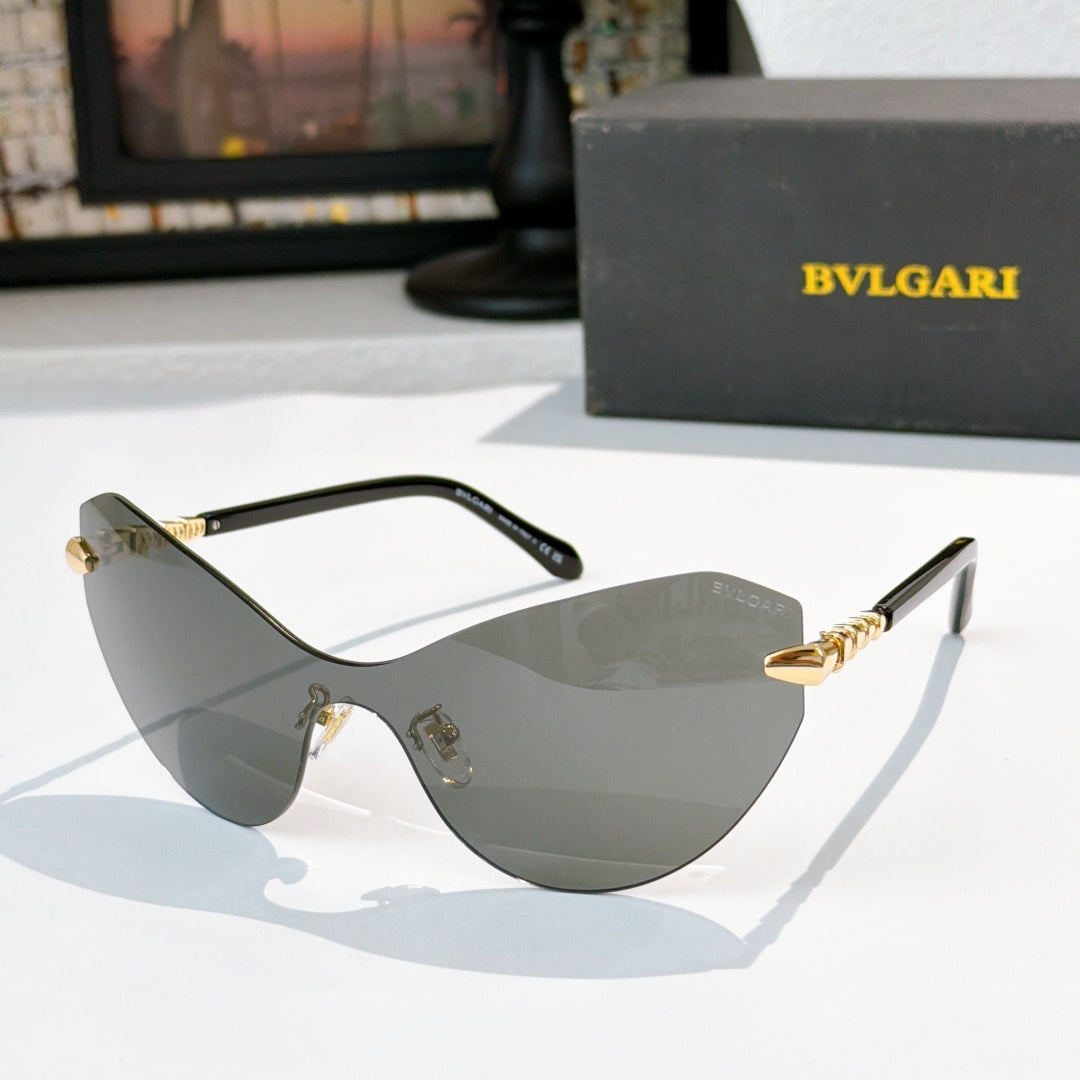 Bvlgari cat-eye sunglasses with black frame and gray lenses, gold accents