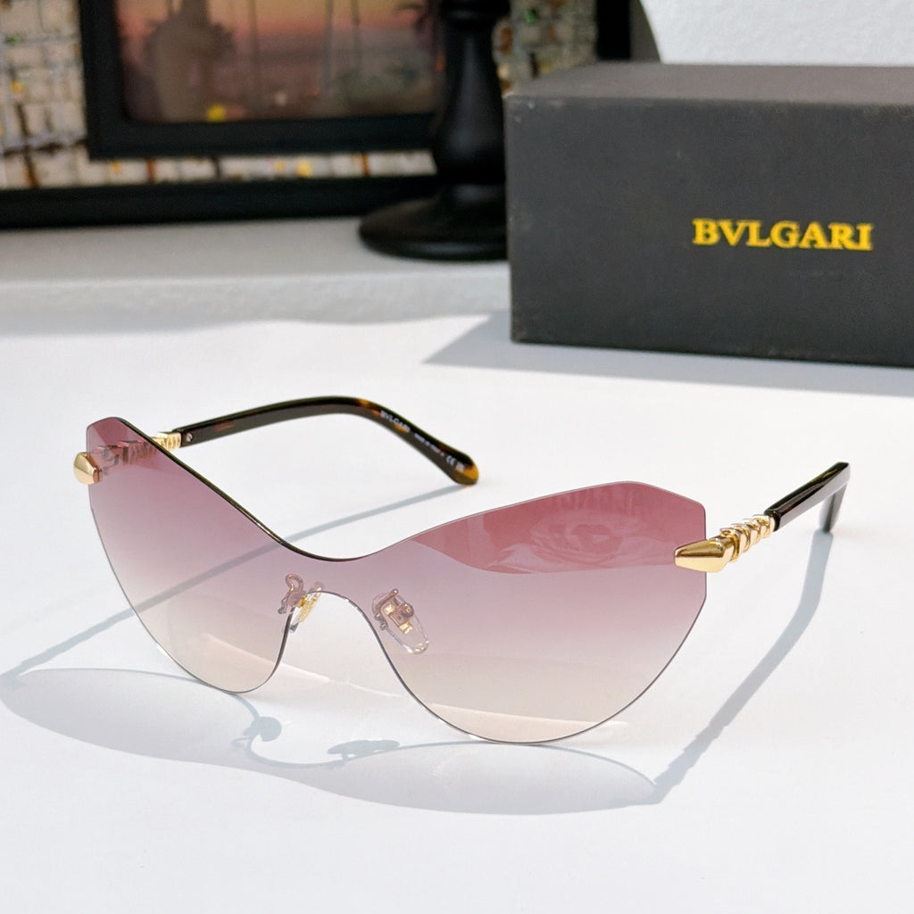 Bvlgari cat-eye sunglasses with pink lenses and dark frame, gold bridge and hinges
