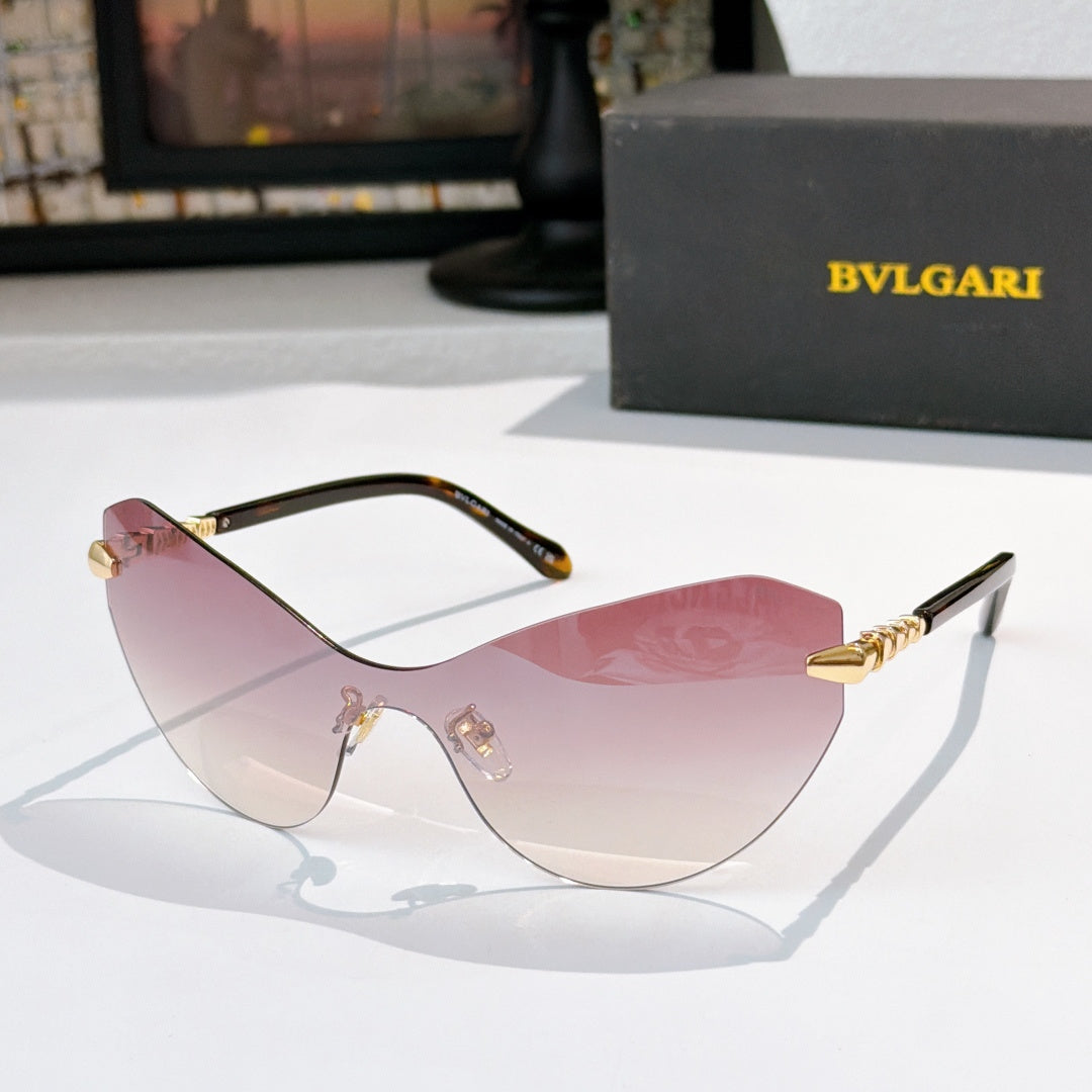 Bvlgari cat-eye sunglasses with pink lenses and dark frame, gold bridge and hinges