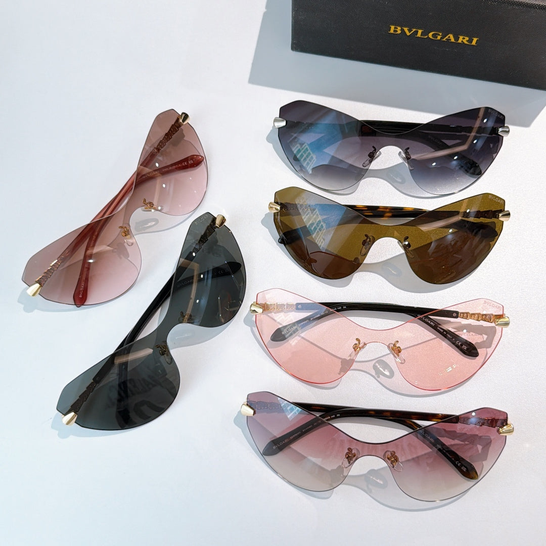 Bvlgari cat-eye sunglasses set with mixed lens colors: pink, blue, brown, and black
