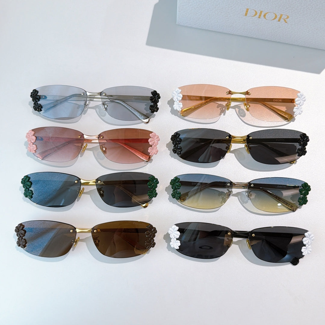 Dior sunglasses assortment with mixed frames and floral temple details in multiple colors.