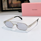 Sunglasses with silver frame, light gray lenses, and black temple tips.