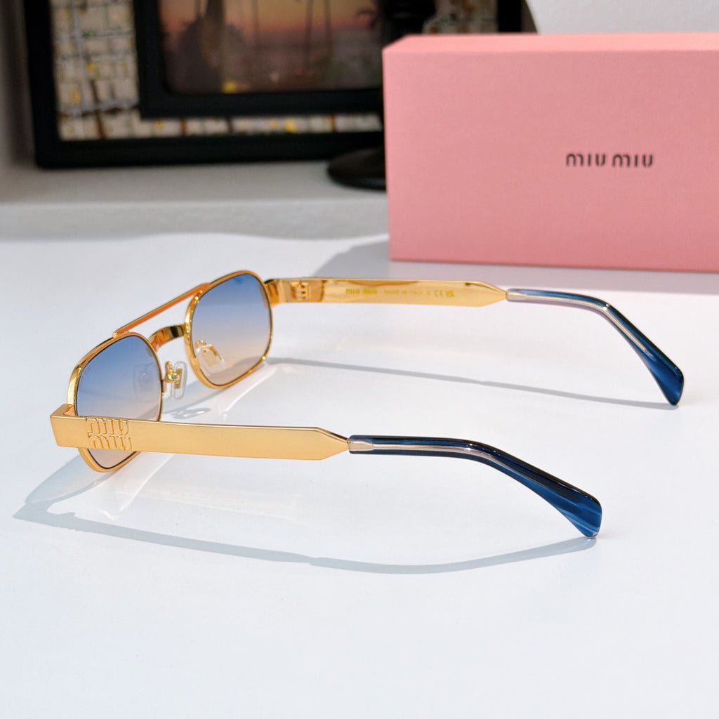 Sunglasses side profile with gold frame and blue-tinted lenses, blue temple ends.
