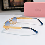 Sunglasses side profile with gold frame and blue-tinted lenses, blue temple ends.