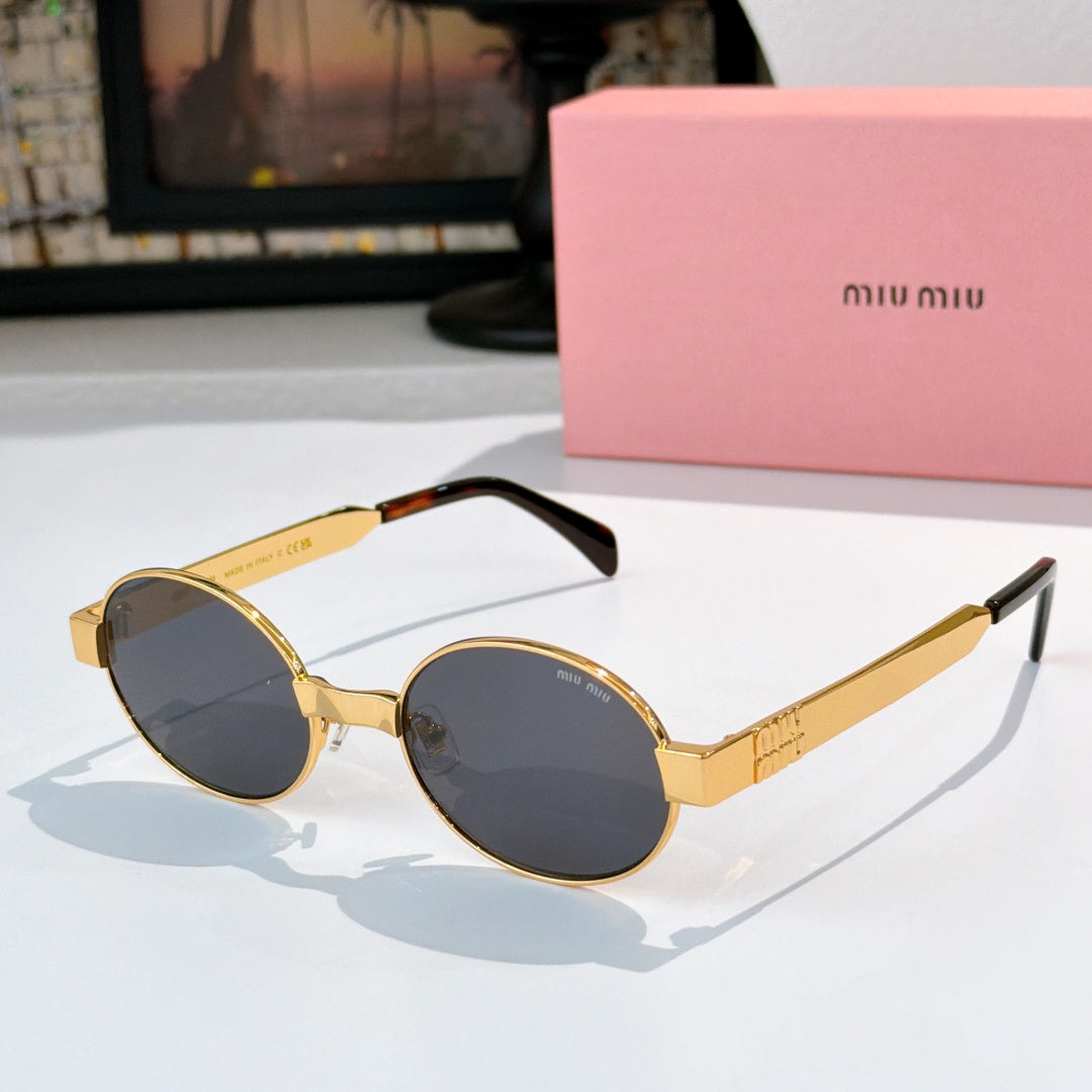 MiuMiu round sunglasses with gold frame, dark lenses, tortoiseshell arms