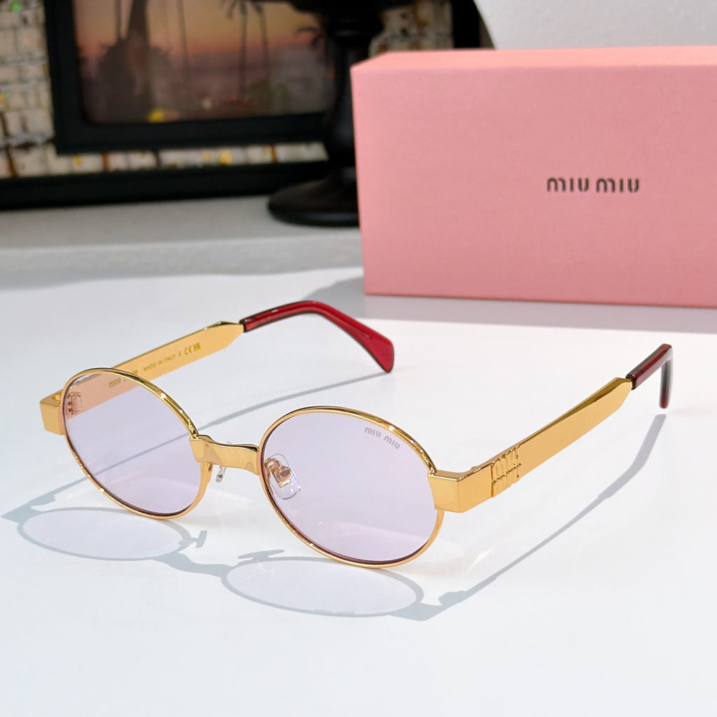 MiuMiu round sunglasses with gold frame, light purple lenses, red arms