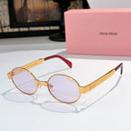 MiuMiu round sunglasses with gold frame, light purple lenses, red arms