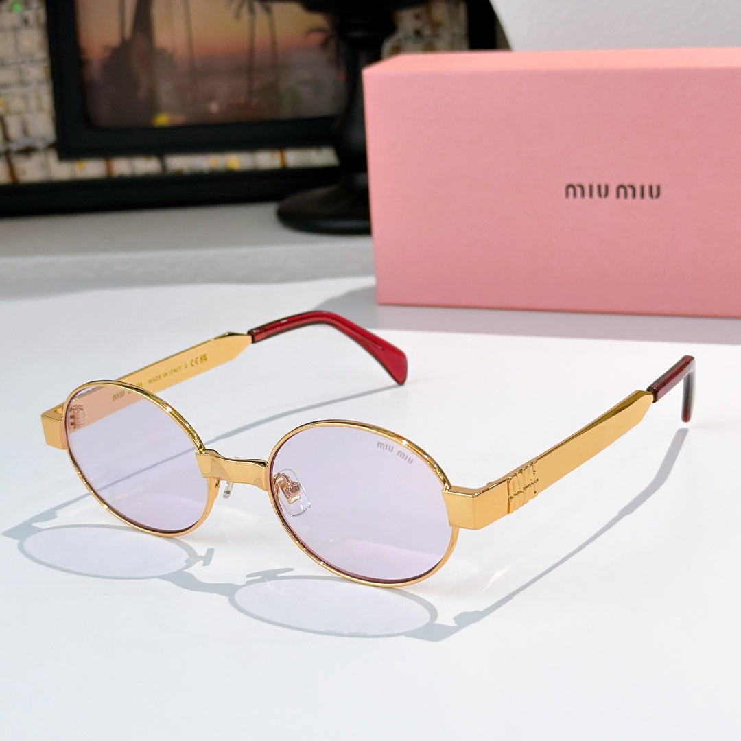 MiuMiu round sunglasses with gold frame, light purple lenses, red arms