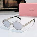 MiuMiu round sunglasses with silver frame, clear lenses, dark arms