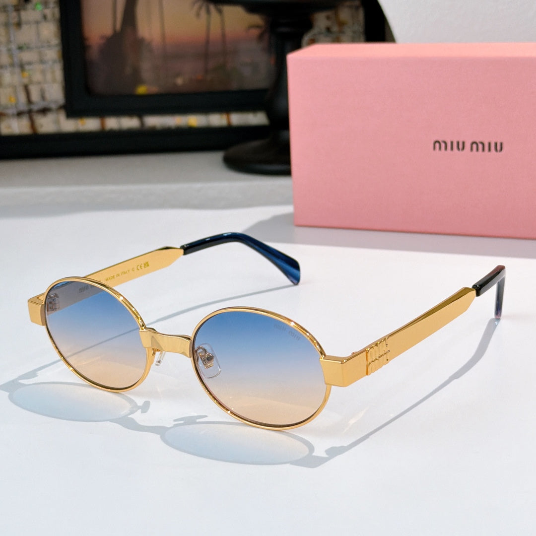 MiuMiu round sunglasses with gold frame, blue-tinted lenses, blue arms