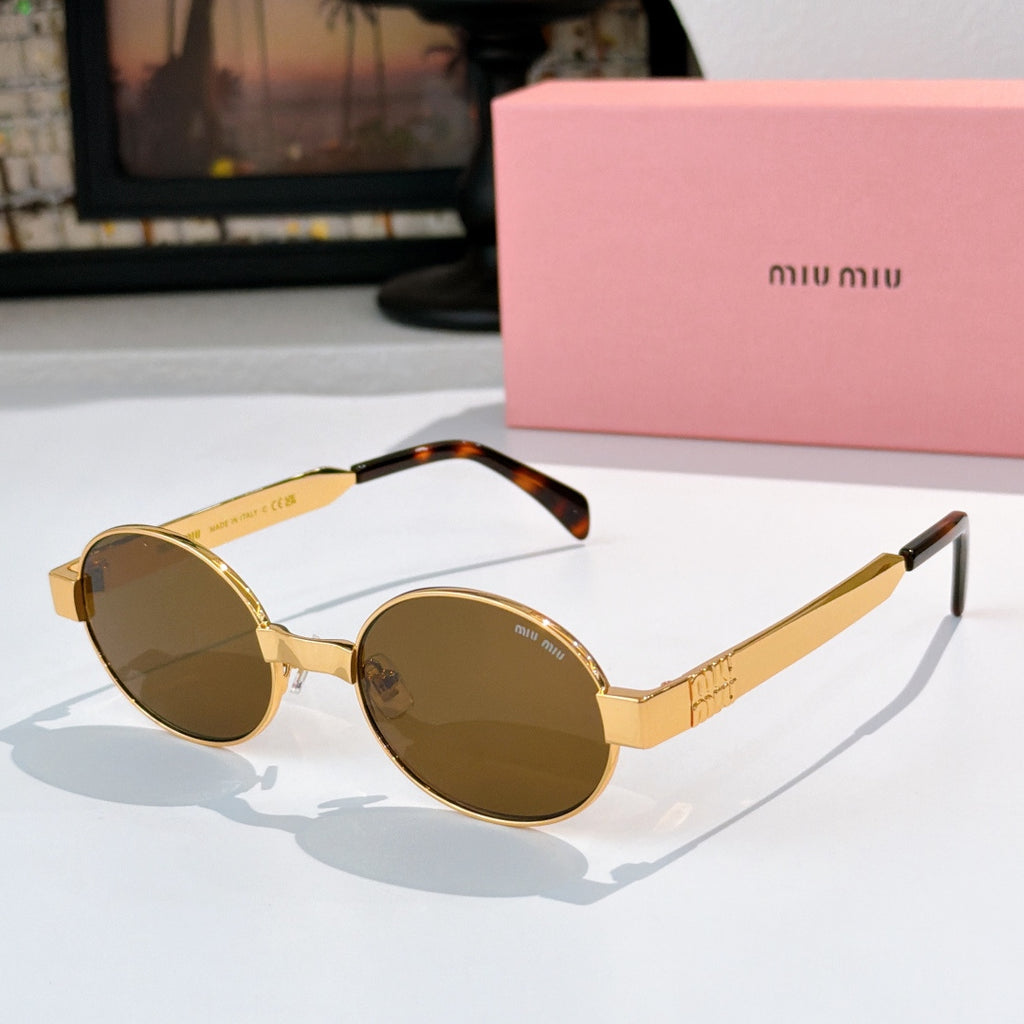 MiuMiu round sunglasses with gold frame, brown lenses, tortoiseshell arms