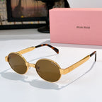 MiuMiu round sunglasses with gold frame, brown lenses, tortoiseshell arms