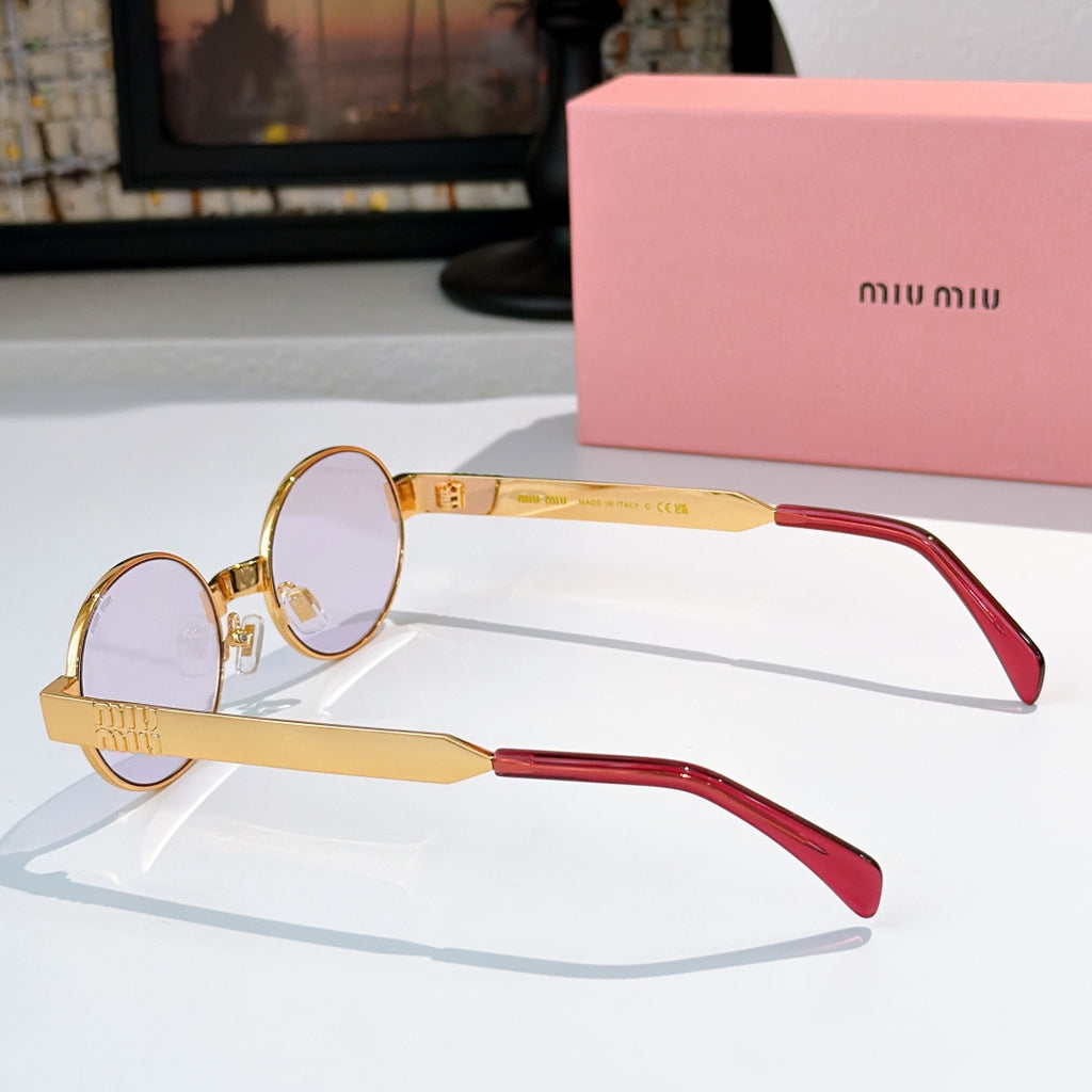 MiuMiu round sunglasses with gold frame and red arms, light lenses (side view)