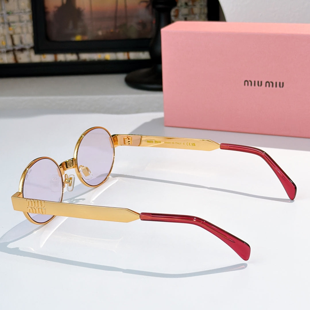 MiuMiu round sunglasses with gold frame and red arms, light lenses (side view)