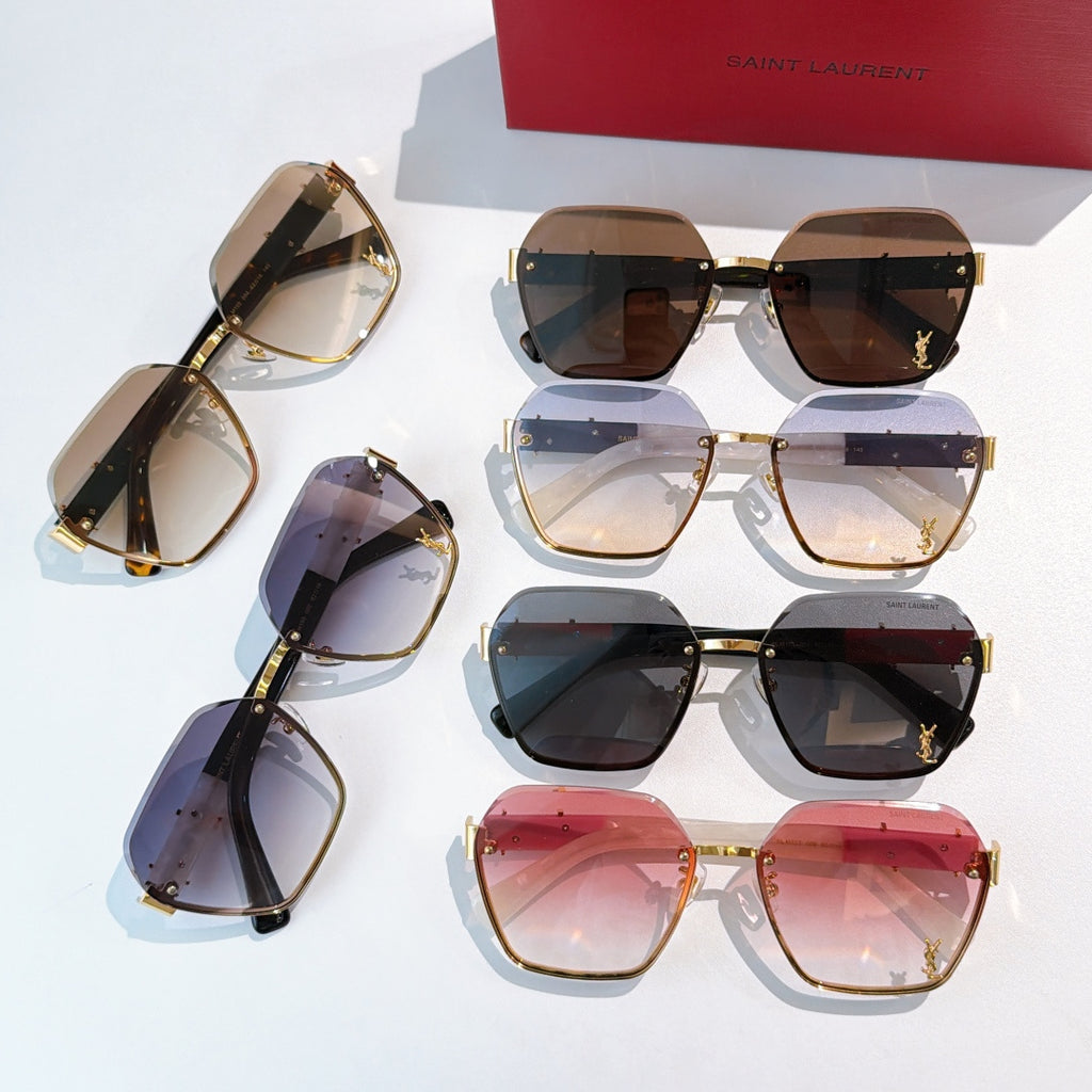 Set of designer sunglasses in multiple styles with gold frames and tinted lenses