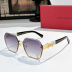 Gold-tone square sunglasses with lavender lenses and black temples with gold accents