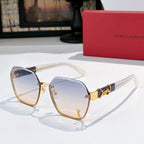 Gold-tone square sunglasses with light blue tinted lenses and clear temples