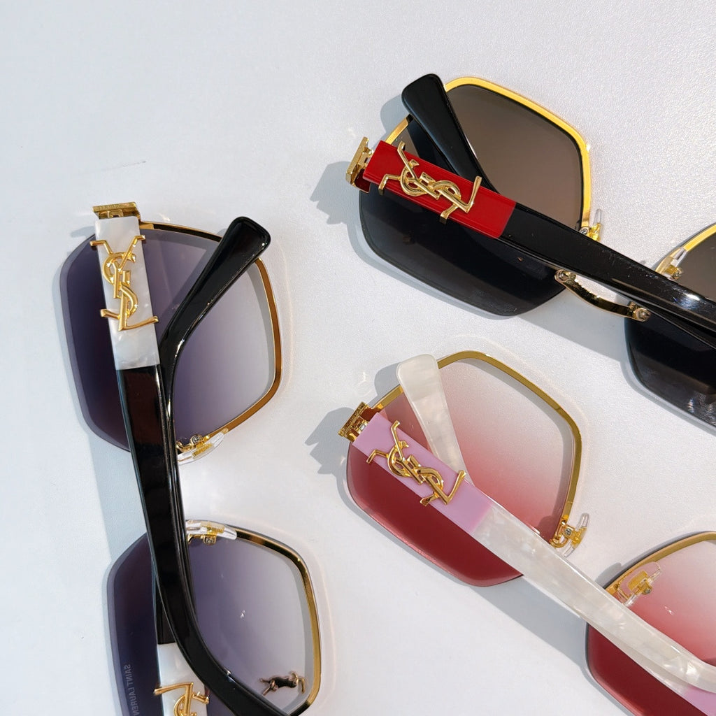 Assorted designer sunglasses with black, red, and clear frames and tinted lenses