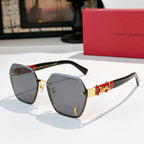 Gold-tone square sunglasses with gray lenses and black temples with red accent