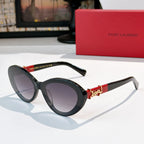 Black oval sunglasses with red bar and gold Saint Laurent logo bridge and tinted lenses