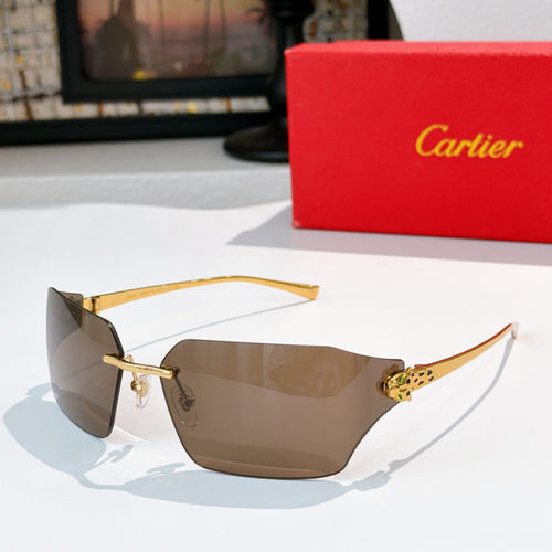 Cartier sunglasses with brown lenses and gold-tone frame, leopard-style temple accents