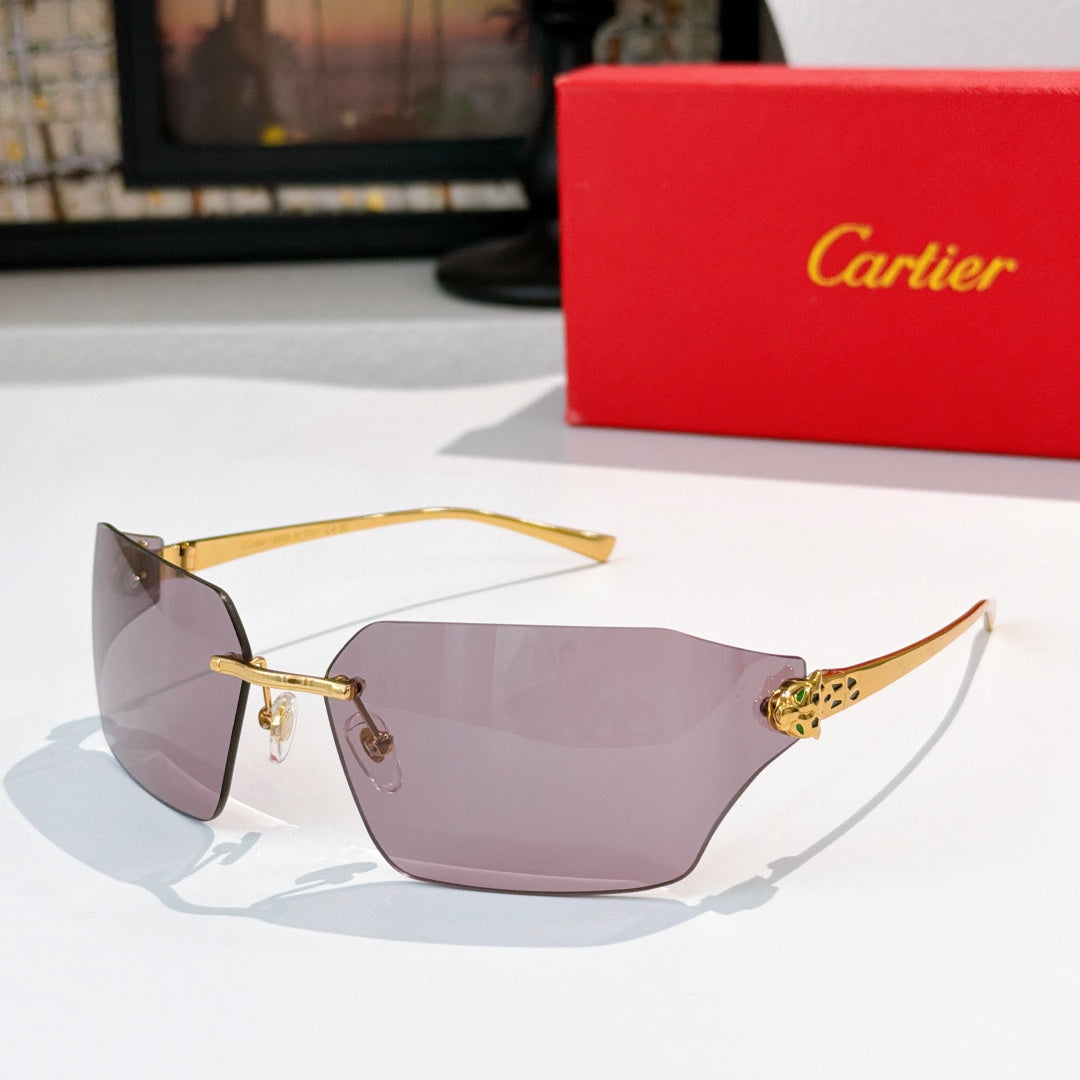 Cartier sunglasses with purple-tinted lenses and gold-tone frame, leopard-style temple detail