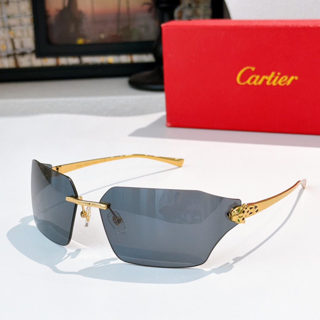 Cartier sunglasses with dark lenses and gold-tone frame, decorative temple emblem