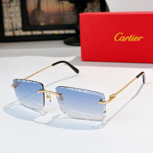 Sunglasses with blue tinted lenses and gold metal frame, black end pieces.